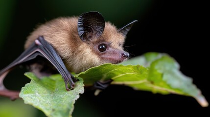 Poster - Detailed close-up of a brown bat perched on a vibrant green leaf against a dark background. The bat's face and textured ears are in sharp focus, showcasing its delicate features and tiny claws
