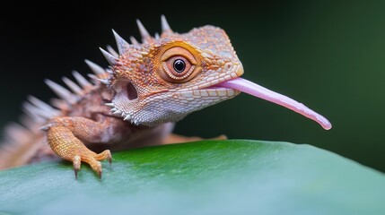 Poster - Macro shot of an agamid lizard sitting on a vibrant green leaf, its tongue extended. The lizard showcases intricate scale details, set against a blurred background