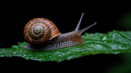 Poster - Macro shot of a brown shelled snail crawling on a vibrant green leaf against a dark background. The snail's textured body and antennae are in focus, highlighting its natural details and the wet