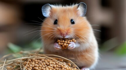 Aufkleber - Close-up shot of a golden hamster with food. The hamster is holding food with its paws and looking at the camera. The background is blurred and the lighting is soft. The hamster's fur is fluffy and