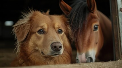 Aufkleber - A close up shot inside a barn featuring a brown horse and golden retriever dog sharing a tender moment, bathed in natural light, showcasing their companionship
