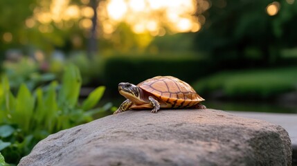 Poster - A vibrant box turtle rests on a textured gray rock, bathed in soft, natural light against a backdrop of lush green foliage and a blurred sunset sky. The serene outdoor setting highlights the turtle's