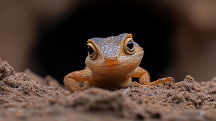 Poster - Close-up of a small, orange gecko sitting on brown sand, with its eyes facing the camera. The gecko has small, textured skin and a friendly expression. The backdrop features a dark, blurred opening