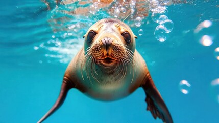 Aufkleber - Underwater shot capturing a playful sea lion swimming upwards towards the camera in vibrant turquoise water with bubbles. The sea lion's brown fur and expressive face create a captivating and