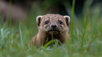 Poster - Close up of a cute least weasel with light brown fur and small round ears, surrounded by vibrant green grass and blurry dark background. Sharp focus on the weasel's face, capturing its gentle