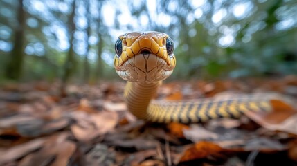 Poster - A close-up shot of a yellow snake with black markings, positioned low to the ground amidst fallen leaves in a forest. The snake's head is centered, with a blurred background of trees and foliage. The