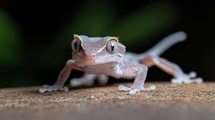 Poster - Close up of a small gecko with neutral grey skin, and speckled orange details above its eyes, poised on a wooden surface with a blurred, dark green background. The lizard looks directly forward
