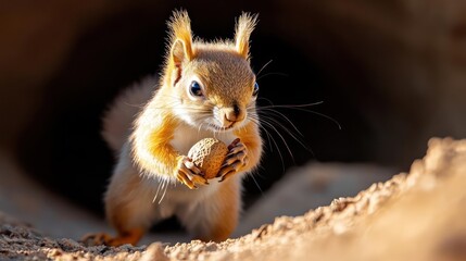 Poster - A close-up, full-body shot of a red squirrel standing on its hind legs holding a nut, against a blurred background with a tunnel entrance, in natural light. The squirrel's fur is detailed and the