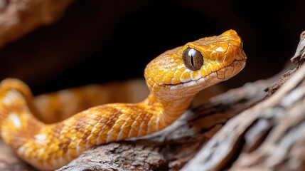 Aufkleber - Detailed close-up captures a vividly patterned yellow snake against a backdrop of textured wood, showcasing its intricate scales and captivating eye. Shot in sharp focus, it highlights the reptile's