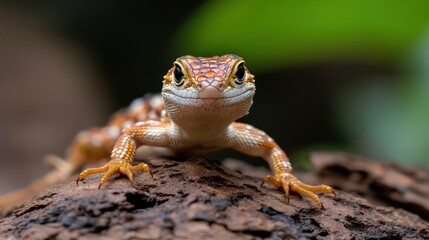 Poster - Close up studio shot of a light brown and patterned gecko on a dark brown log, with bright green foliage blurred in the background