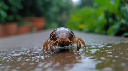 Poster - Macro shot of a beetle on a wet surface, showcasing intricate details of its exoskeleton and legs. The background features blurred greenery, suggesting a natural outdoor setting with a focus on the