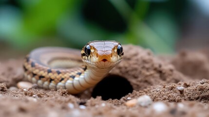 Aufkleber - A close-up, slightly angled shot focuses on a small, light brown snake emerging from a hole in the sandy ground. The snake's head is prominently featured, with clear eye. The background features
