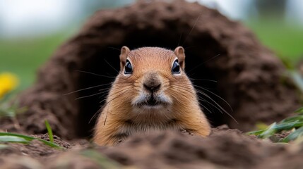 Poster - Close-up of a ground squirrel emerging from its burrow, featuring its brown fur, alert expression, and whiskers, set against a blurred background of green grass and soil