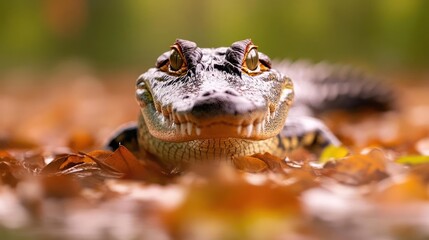 Aufkleber - A close-up view of an alligator laying among fallen leaves, featuring its textured skin, distinctive eyes, and powerful jaws, set against a blurred background, highlighting the animal's camouflage