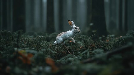 Poster - A side eye-level shot focuses on a white hare, dappled with brown spots, amidst green foliage interspersed with a few orange leaves, all set against a blurry backdrop of trees in a deep forest
