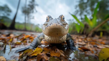 Poster - Close up shot of a small alligator in its natural habitat with lush green vegetation and fallen leaves. The reptile is the main focus against a blurred background
