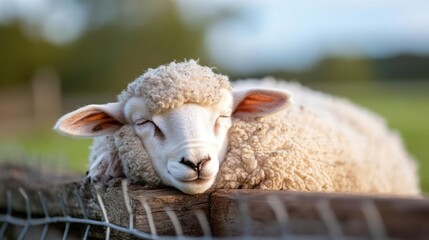 Poster - A sheep lies on a wooden fence with a blurred background of green grass and trees, bathed in soft light. The sheep's wool is white and fluffy, suggesting warmth and tranquility in a pastoral setting