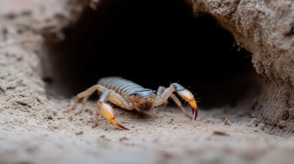 Poster - A close up shot showcases a small, light-colored scorpion, emerging from a dark burrow in sandy soil. The scorpion's orange claws and detailed exoskeleton are prominently featured, highlighting its