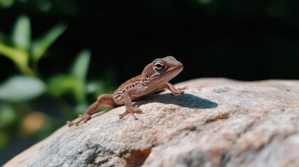 Leinwandbilder - Captured in sharp focus, a small brown lizard rests atop a textured rock against a blurred dark backdrop. Its detailed scales and slender limbs are highlighted by natural light, enhancing the