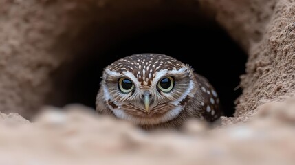 Poster - Close-up shot of a small, brown and white owl peering out from a sandy burrow, its eyes focused forward. The background is dark, contrasting with the light sandy soil around the entrance to the hole