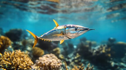Aufkleber - This stunning underwater shot features a vibrant tuna with yellow fins swimming gracefully in the clear blue ocean. The coral reef below adds depth and color to the scene, creating a beautiful marine