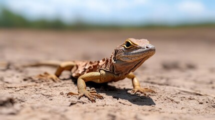 Poster - Close-up shot of a Crevice Dragon lizard resting on sandy ground. The lizard is tan with darker brown patches, under natural lighting against a blurred backdrop of greenery and sky. It is resting on