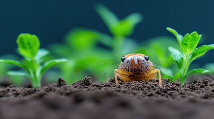 Poster - Close-up of a brown beetle partially buried in dark soil, with vibrant green seedlings in the background against a dark blue backdrop. The beetle's head and upper body are visible, covered with soil