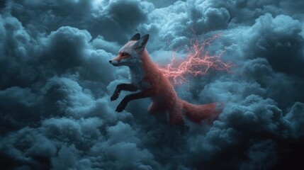 Poster - Pixelated fox leaping amidst swirling clouds, accented by electrical energy emanating from its back. Dynamic composition with contrast between the fox and the sky, stylized, detailed and moody