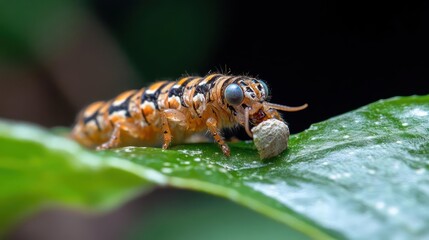 Poster - Close-up shot of an orange and black insect perched on a vibrant green leaf, showcasing intricate details of its body and legs. The insect is captured against a dark, out-of-focus background