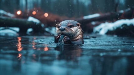 Poster - A semiaquatic mammal, an otter, is seen in its natural habitat, in a stream of water, holding a rock, with blurred bokeh light effects in the background, conveying a wild animal in nature