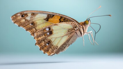 Leinwandbilder - Close-up shot of a patterned butterfly with brown, white, and yellow markings, captured in mid-air against a soft, light blue background. Details of its delicate legs and antennae are visible