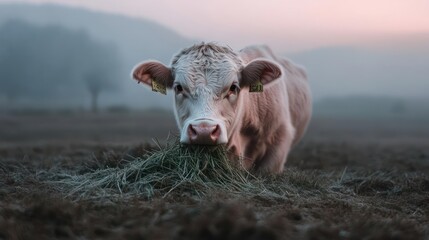 Aufkleber - Captured at ground level, a cow stands in a field covered in dry grass, with a misty tree-lined background. The light is dim, and the atmosphere has a cool, muted tone