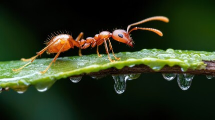 Poster - A vibrant macro shot showcases a red ant navigating a green leaf adorned with glistening water droplets, set against a blurred dark background, highlighting the textures and colors of the natural