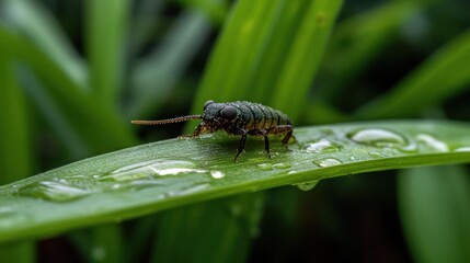 Poster - Close-up of a small, dark insect resting on a vibrant green leaf, speckled with glistening water droplets. The background is filled with blurred green foliage, creating a natural, dewy atmosphere