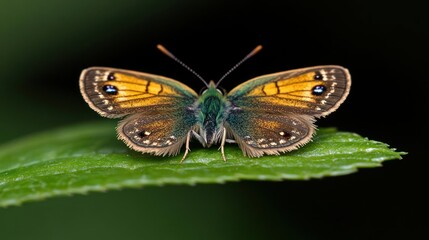 Poster - Close up of a vibrant orange and brown butterfly with intricate patterns on its wings, perched on a green leaf against a dark background, captured with focus and shallow depth of field