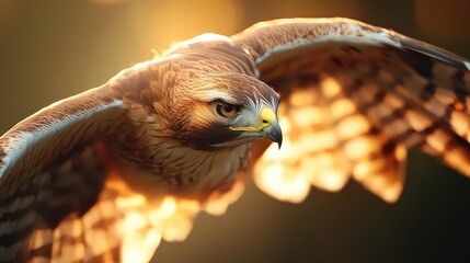 Poster - Close-up, low-angle shot of a sharp-shinned hawk in flight with blurred background. The hawk's wings are spread and its eye is focused. The lighting emphasizes its feathers, creating a natural and