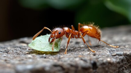 Poster - Macro photograph of a vibrant orange ant diligently carrying a piece of green leaf across a textured gray stone surface, set against a backdrop of blurred green foliage and dark shadows, capturing