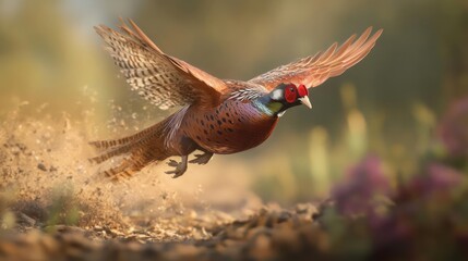 Aufkleber - A vibrant pheasant soars close to the ground, kicking up dust as it takes flight. The bird showcases rich brown plumage and distinct red facial markings, captured in a dynamic, low-angle shot against