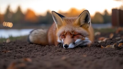 Aufkleber - Close up of an orange fox with white markings sleeping in a dark dirt pit, with autumn trees and a blurred lake in background under a soft sunlight at sunset, creating a peaceful wildlife scene