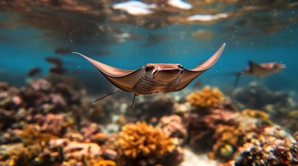 Aufkleber - Eagle ray gracefully glides through crystal-clear turquoise waters, its patterned body contrasting against the vibrant coral reef. Another ray blurs in the background, adding depth to the underwater