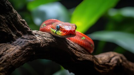 Poster - Striking close-up of a red snake with green spots coiled on a weathered branch against a backdrop of lush green foliage. The snake's vibrant colors contrast with the earthy tones of the branch