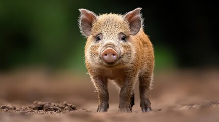 Poster - Close-up shot of a cute young wild boar with light brown bristly fur, standing on dirt against a blurred green forest background. The piglet has a pink snout and small, rounded ears. The scene is