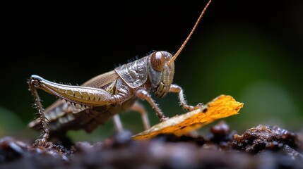Poster - Macro image features a detailed close-up of a grasshopper with brown and textured exoskeleton. Perched on dark soil with small pebbles and a vibrant yellow leaf fragment, set against a blurred