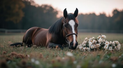 Aufkleber - A beautiful horse lies calmly in a grassy field beside a bouquet of flowers. The scene is tranquil, illuminated by soft, natural light, creating a serene and picturesque composition