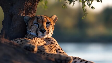 Aufkleber - Captured in warm light, a cheetah with a spotted coat rests against a tree trunk, its gaze directed forward. Soft foliage overhangs, with a blurred body of water and trees forming the backdrop