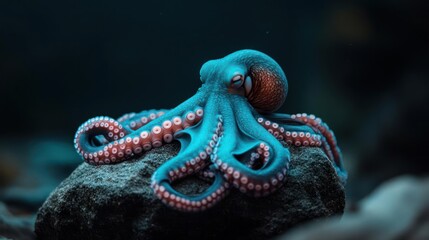 Poster - Detailed studio shot of a teal octopus with red suckers perched on a grey rock against a dark teal backdrop. The octopus is the main subject, enhanced by subtle lighting and neutral colors