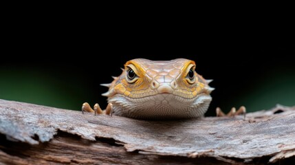 Poster - A close-up captures a bearded dragon perched on a weathered branch. The lizard's scales exhibit shades of beige and orange. Its eyes are focused and its pose is still. The background is a gradient of