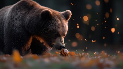 Poster - A striking shot captures a brown bear foraging in a forest setting, its fur highlighted by warm light, surrounded by autumn leaves and bokeh, creating a captivating wildlife portrait