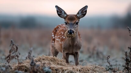Aufkleber - A young deer with a reddish-brown coat spotted with white stands alert in a field, bits of dried foliage clinging to its muzzle, with a soft, blurred background of trees under a pastel sky at dusk