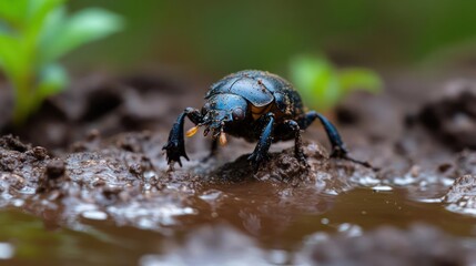 Poster - Close up shot of a dark blue beetle with yellow spots crawling on wet brown soil, with small green plants in the background. The photo captures the insect in its natural environment during daylight